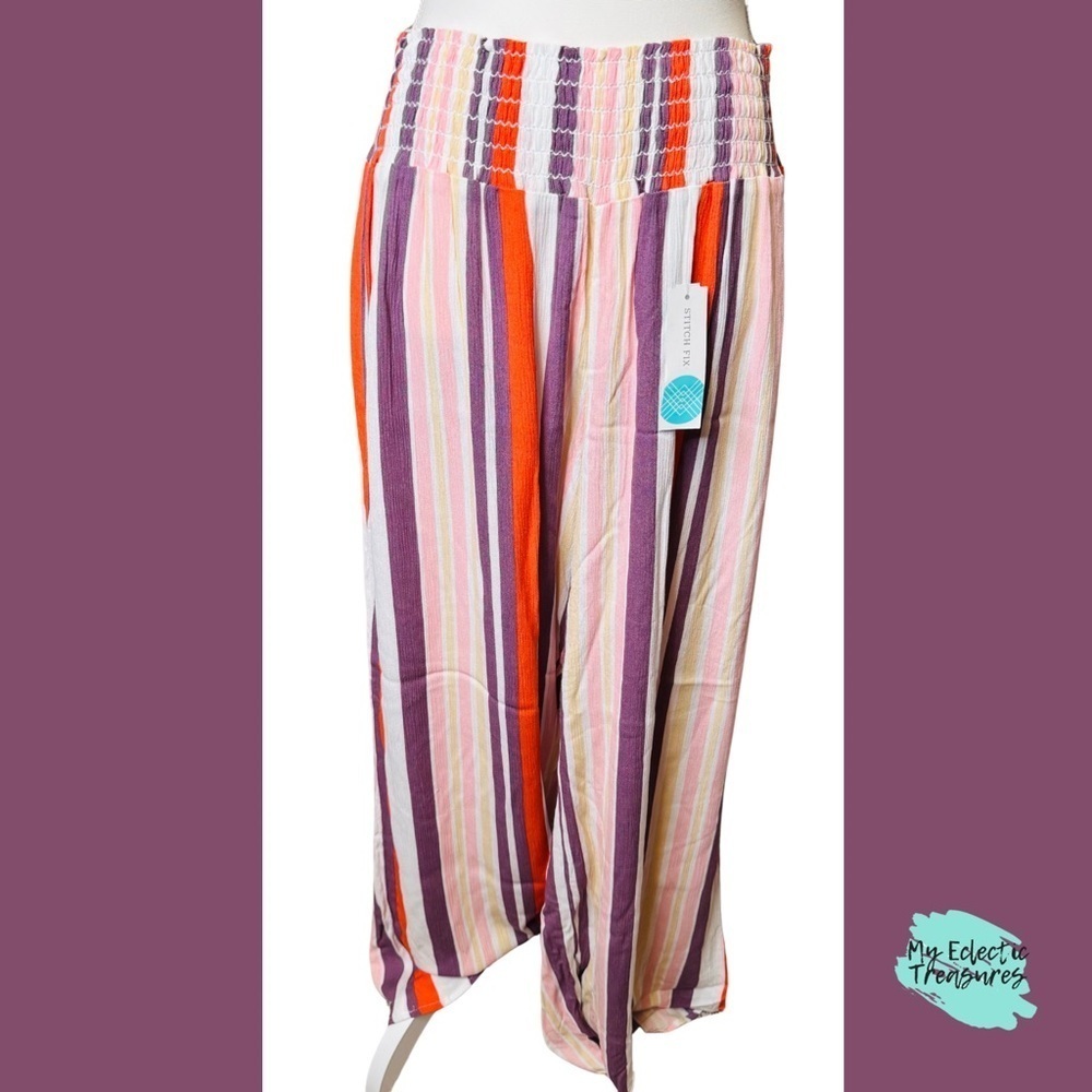 One 5 One Wide Leg Pants in Red and Purple with Elastic Waistband